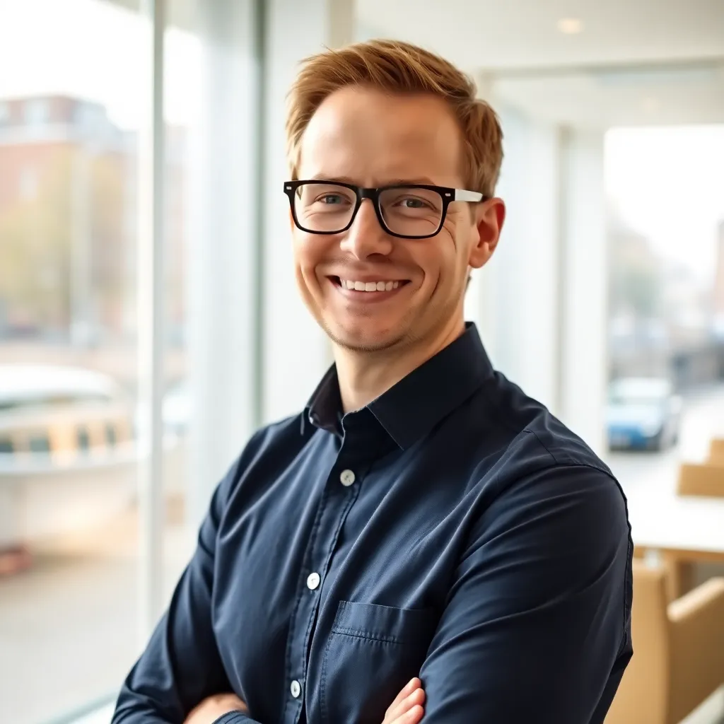 Modern Nederlands appartementencomplex met investeerder die documenten bekijkt