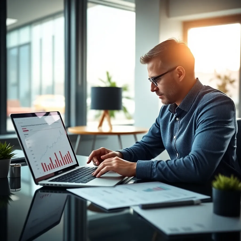 Persoon bestudeert financiële documenten en grafieken op laptop