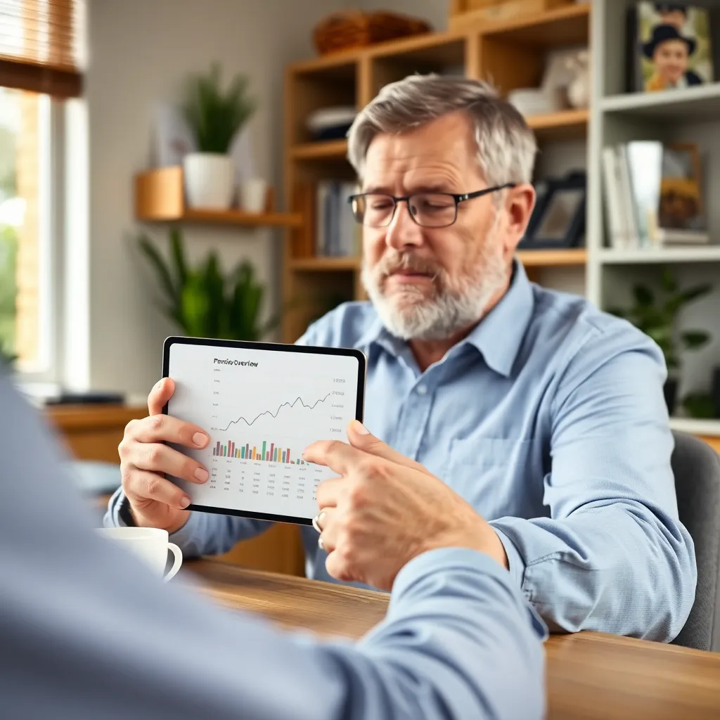 Persoon bekijkt pensioenoverzicht op tablet met grafiek van pensioenopbouw