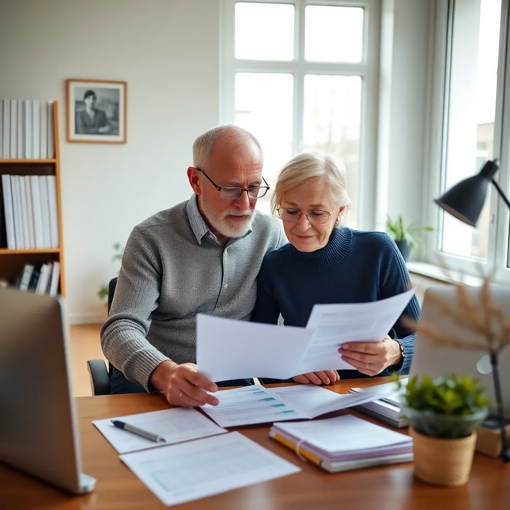 Senior Nederlands echtpaar bekijkt financiële documenten voor pensioenplanning